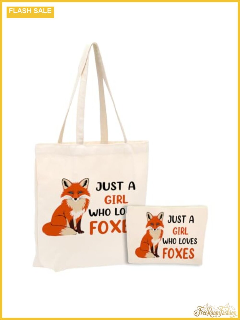 Watercolor Fox Canvas Tote Bag with Matching Cosmetic Bag - Durable Cotton